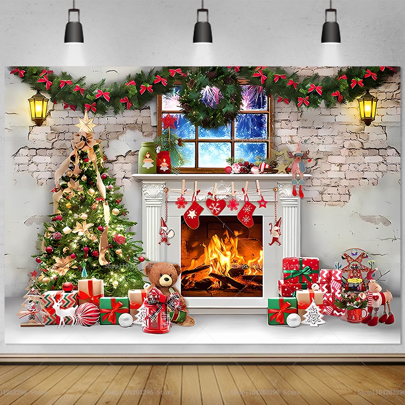 Photography Zebra - Christmas Tree Party Backdrop Fireplace Window